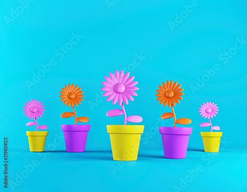 cartoon style colorful abstract minimal flower pots isolated on blue background. gardening concept. copy space. 3d rendering