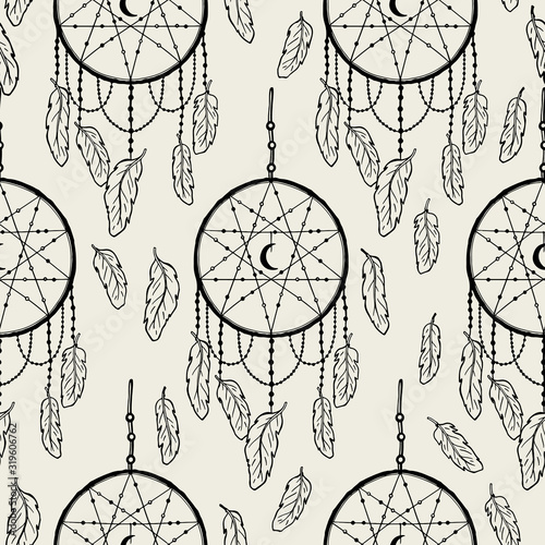 Seamless pattern dream catcher.Vintage bohemian drawing style.
