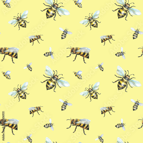 Watercolor seamless pattern with bees.