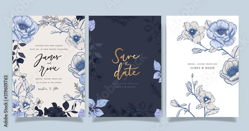 Fototapeta Navy Blue Luxury Wedding Invitation, floral invite thank you, rsvp modern card Design in gold flower with leaf greenery branches decorative Vector elegant rustic template