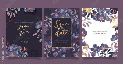 Navy Blue Luxury Wedding Invitation, floral invite thank you, rsvp modern card Design in gold flower with  leaf greenery  branches decorative Vector elegant rustic template