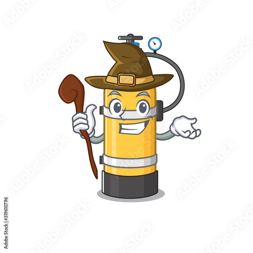 cartoon mascot style of oxygen cylinder dressed as a witch