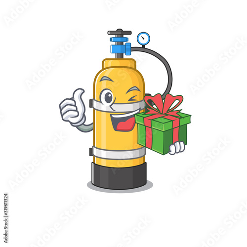 Smiley oxygen cylinder character with gift box