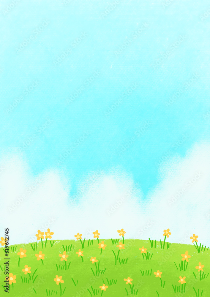 Yellow flower meadow with cloud sky on th afternoon background illustration.