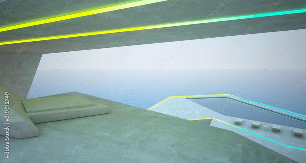 Obraz premium Abstract architectural concrete interior of a modern villa on the sea with colored neon lighting. 3D illustration and rendering.
