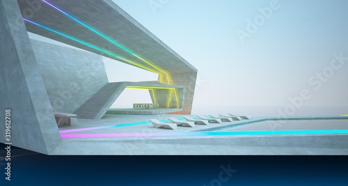 Abstract architectural concrete interior of a modern villa on the sea with colored neon lighting. 3D illustration and rendering.