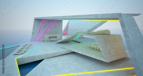 Abstract architectural concrete interior of a modern villa on the sea with colored neon lighting. 3D illustration and rendering.