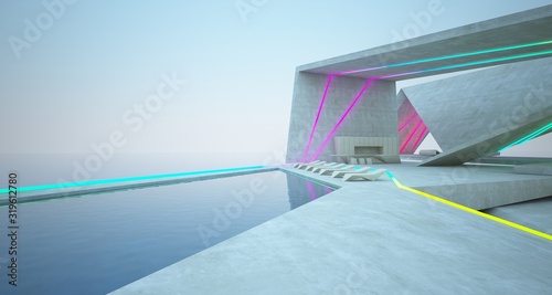 Abstract architectural concrete interior of a modern villa on the sea with colored neon lighting. 3D illustration and rendering. © SERGEYMANSUROV