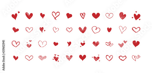 Vector set of different red hearts. Collection of hand-drawn hearts. Design on white background.