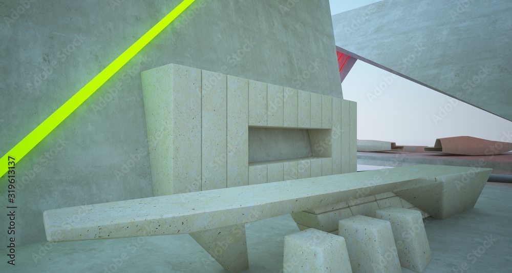 Abstract architectural concrete interior of a modern villa on the sea with colored neon lighting. 3D illustration and rendering. Abstract architectural concrete interior of a modern villa on the sea with colored neon lighting. 3D illustration and rendering.