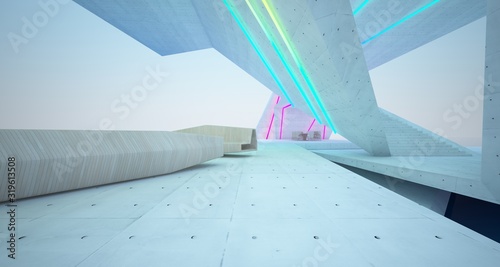 Abstract architectural concrete  wood and glass interior of a modern villa  with colored neon lighting. 3D illustration and rendering.