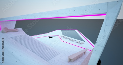 Abstract architectural concrete, wood and glass interior of a modern villa with colored neon lighting. 3D illustration and rendering.