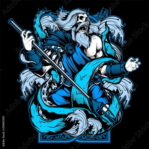 Vector of poseidon in a sea wave and hold a trident