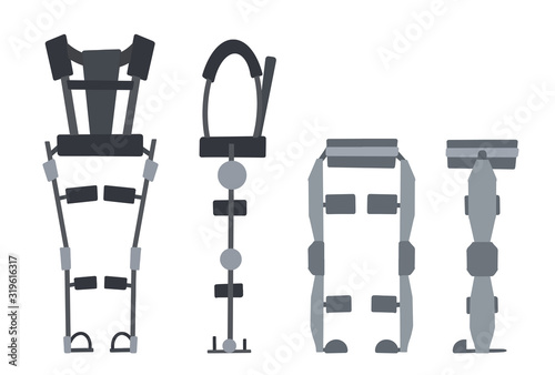 Set of flat medical exoskeleton isolated on a white background. Help for people with disabilities. The future and innovation. Vector exosuit.