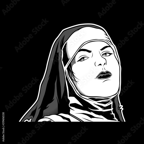 Beautiful nun woman portrait. Vector. Black and white style. Illustration