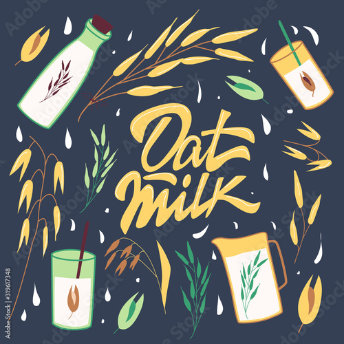 Oat milk. Hand drawn illustration and Lettering of oat elements for healthy, organic, original, vegan, vegetarian, diet daily nutrition.  Cute cartoon vector for print, card, poster