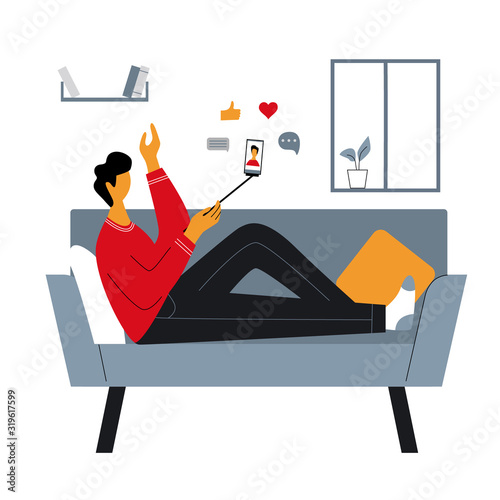 Blogger or man sitting on sofa at home and making stories for followers. Young guy sharing live online content in the internet. Internet addiction concept. Flat vector illustration.