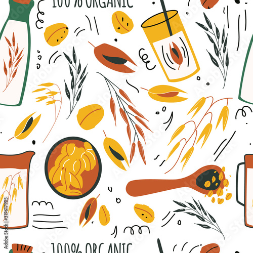 Hand drawn seamless pattern of oat grains, flakes, oat milk, bottles.  Healthy, organic daily nutrition . Cute doodle vector for print, card, poster, wrapping paper on white background.