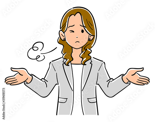 両手を広げてため息をつく、グレーのジャケットを羽織ったビジネスウーマンの上半身