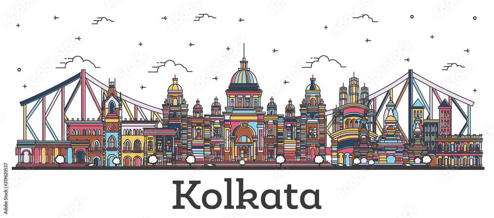 Outline Kolkata India City Skyline with Color Buildings Isolated on White.
