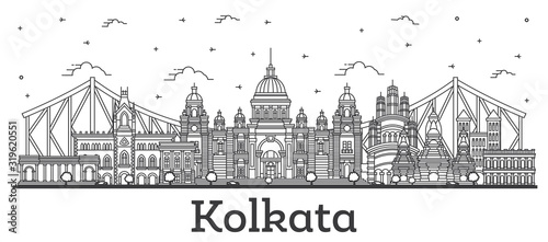 Outline Kolkata India City Skyline with Historic Buildings Isolated on White.