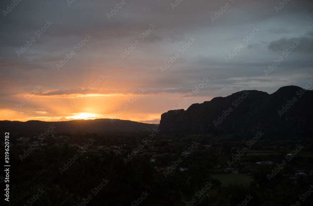 Sunset over the mountains in Vinales, Cuba. 