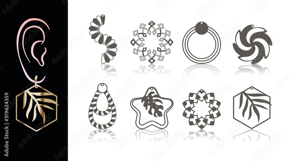 8 Earring Designs. Cutout jewellery with exotic plants (bamboo, palm), rope, fan, arab pattern.  