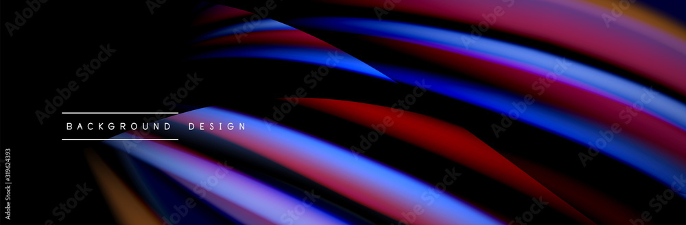Сolorful flow poster. Wave liquid lines and shapes in black color background. Vector Illustration