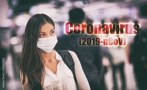 Canvas Print Coronavirus corona virus mask Asian chinese woman wearing flu mask prevention of Wuhan 2019-nCoV in China