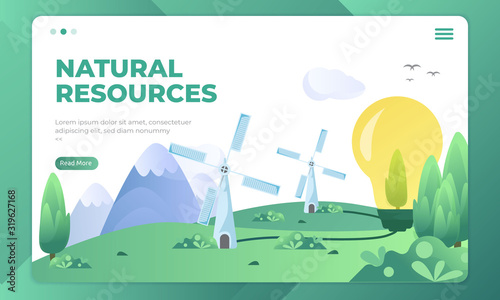 Illustration of landscape with windmill as natural resources on landing page
