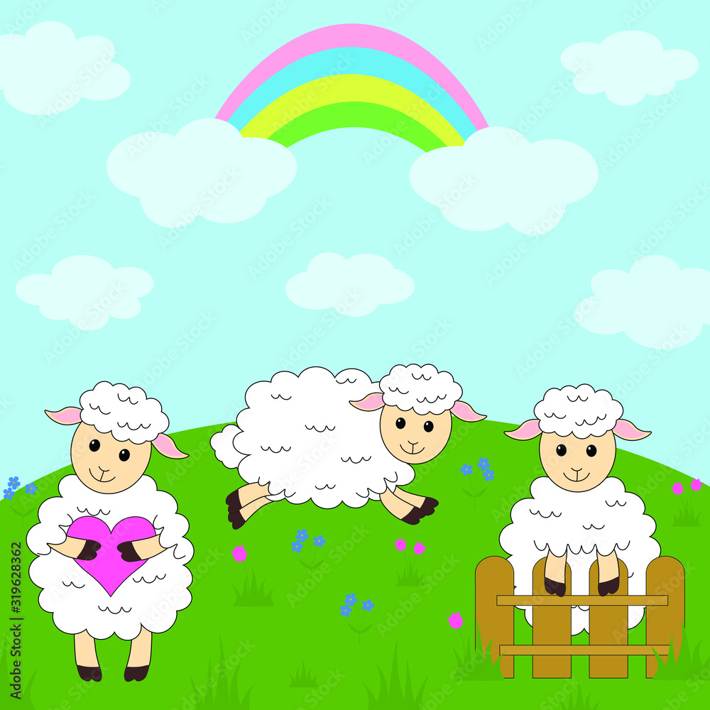 Fototapeta premium Greeting card cute sheep vector illustration landscape flowers clouds