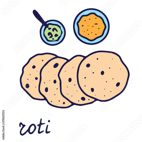 Hand drawn isolated indian food icon. Color fill illustration of indian flat bread. Roti or chapati.