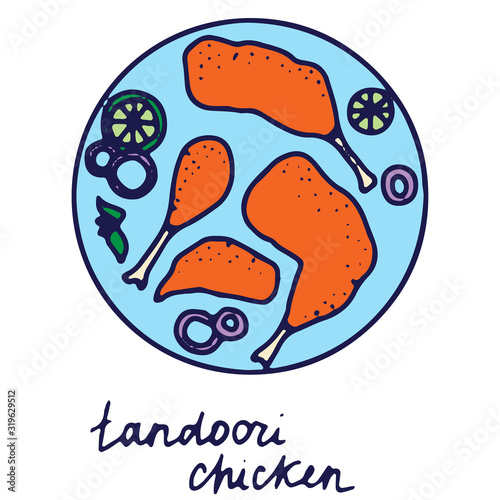 Hand drawn isolated indian food icon. Color fill illustration of indian dish. Tandoori chicken on the plate.