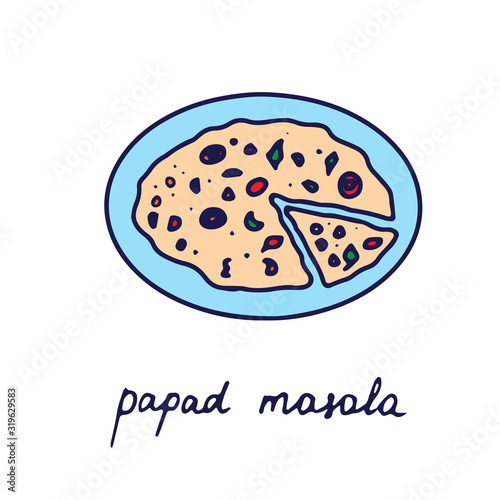 Hand drawn isolated indian food icon. Color fill illustration of indian dish. Papad masala icon. 