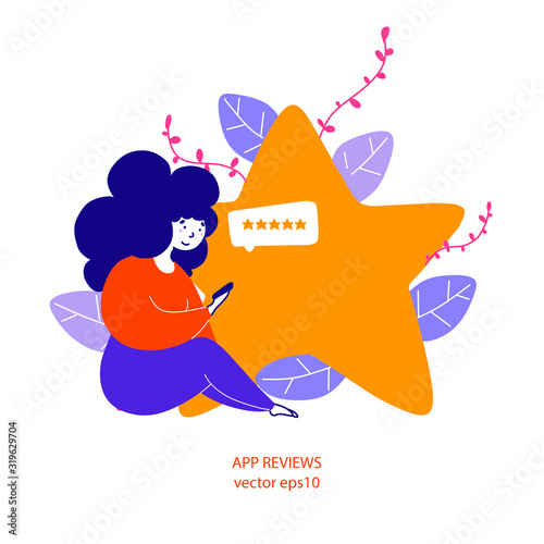 Girl filling in mobile review form flat vector illustration