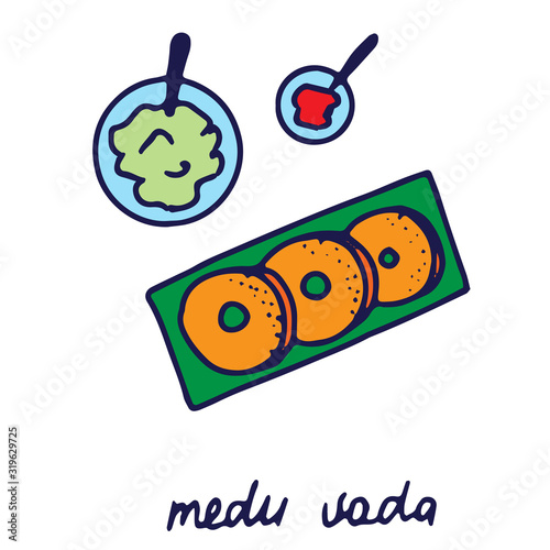 Hand drawn isolated indian food icon. Color fill illustration of indian dish. Indian wada icon. 