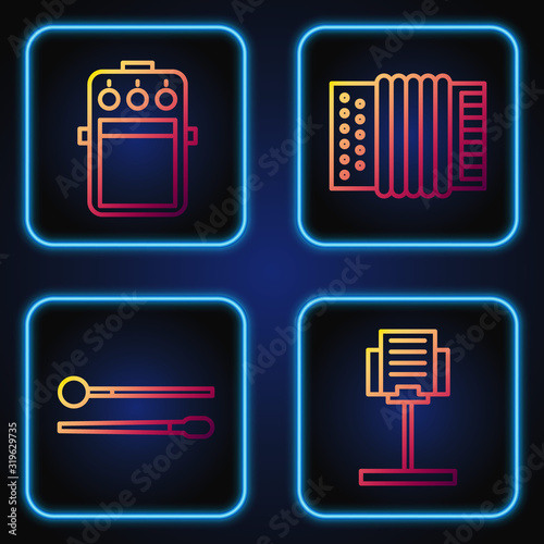 Set line Music stand, Drum sticks, Guitar pedal and Musical instrument accordion. Gradient color icons. Vector