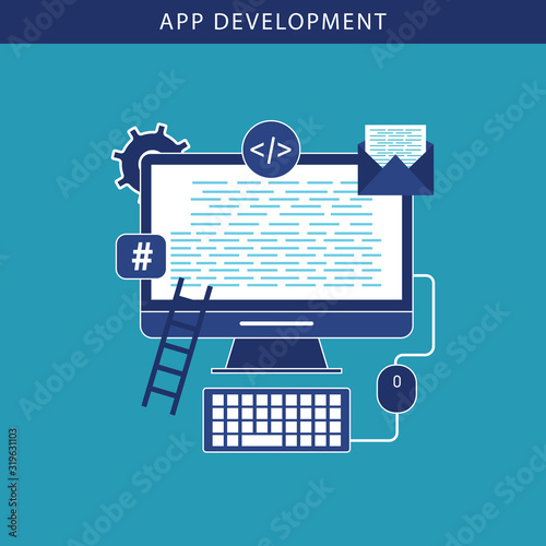 Programming and coding, website, webpage optimization. Back end development, software development process, backed app developer concept