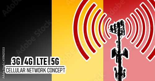 Cellular mobile network tower - connection concept for Belgium, vector illustration of 3g 4g LTE 5g harmful waves from the tower, danger of 5G networks idea with colors black, yellow, red