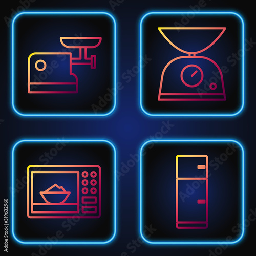 Set line Refrigerator, Microwave oven, Kitchen meat grinder and Scales. Gradient color icons. Vector