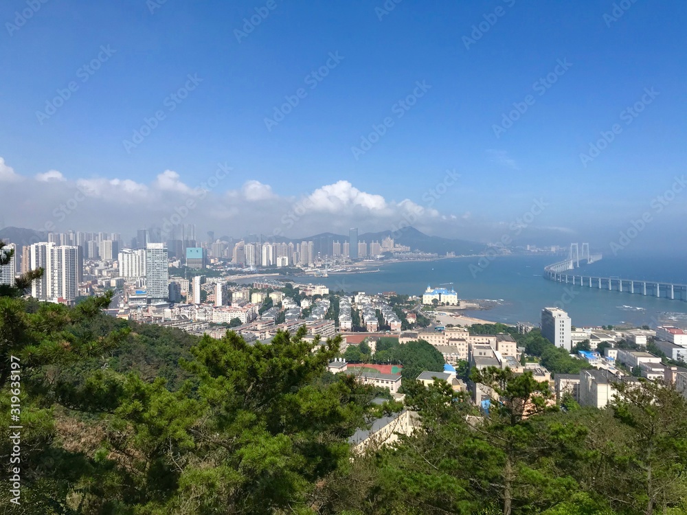 Xinghai Bay and Xinghai Bay Bridge, view from the hill, Dalian, China