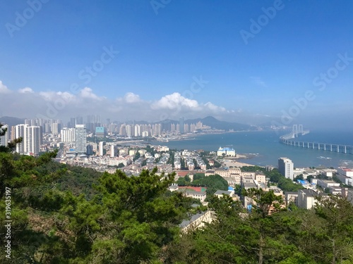 Xinghai Bay and Xinghai Bay Bridge, view from the hill, Dalian, China