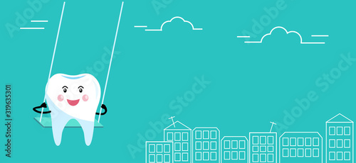tooth swinging on a swing over the roofs of houses. Vector concept illustration of happy healthy teeth. flat design linear icon on green background