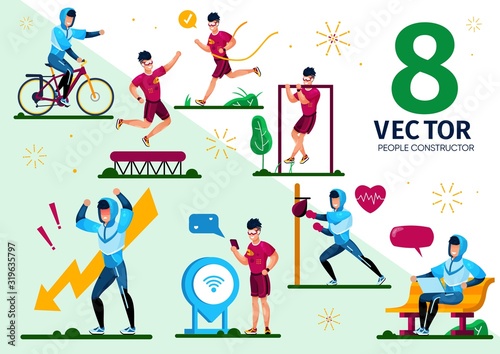 Sportsman Active Lifestyle and Daily Routines Trendy Flat Vector Scenes Set. Male Athlete, Man Character in Sportswear Riding Bike, Boxing with Bag, Jumps on Trampoline, Chatting Online Illustrations