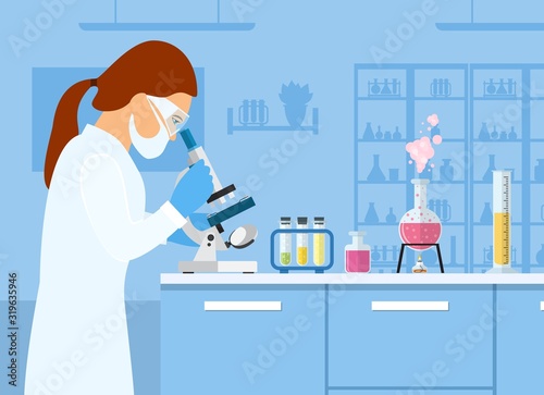 Wallpaper Mural Woman scientist looking microscope, studying the coronavirus 2019-nCoV, with laboratory and equipment background