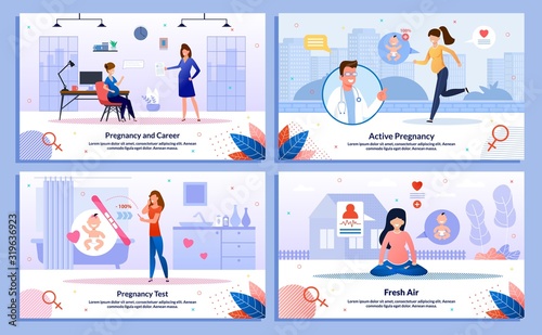 Pregnancy and Career, Pregnant Woman Active Lifestyle Trendy Flat Vector Banner, Poster Set. Future Mom Working in Office, Jogging, Looking on Test Positive Results, Meditating Outdoor, Illustration