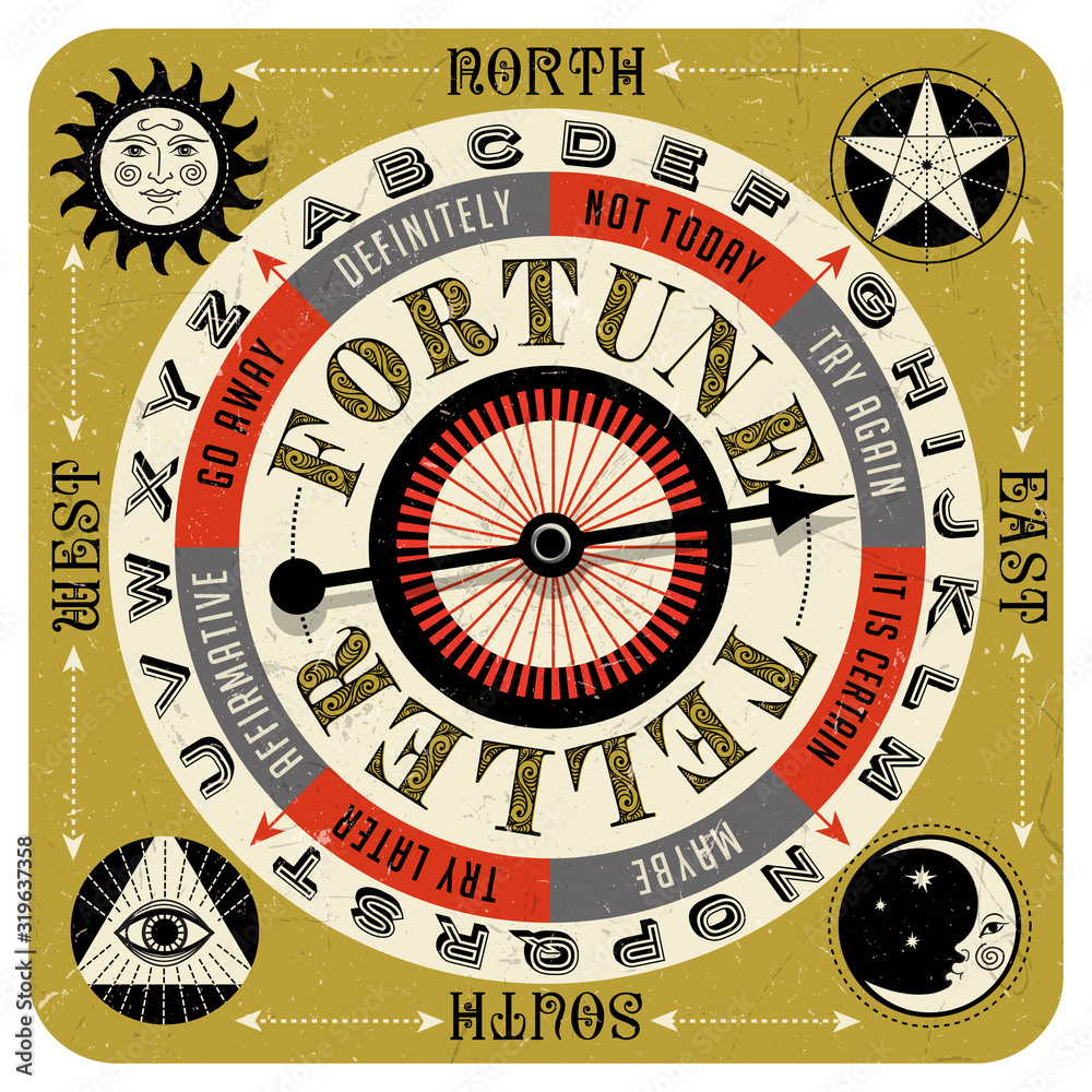Vintage fortune teller spin game with spinning arrow, answers, letters and mystic symbols. Vector illustration for web pages, gaming, banners, print, board games. 