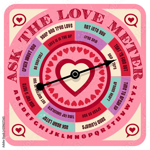 Retro romance advice game and love predictor with spinning arrow, answers, letters and heart symbols. Fun for Valentines Day, print materials, board games. 