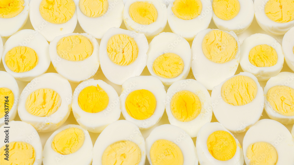 Half boiled eggs background.