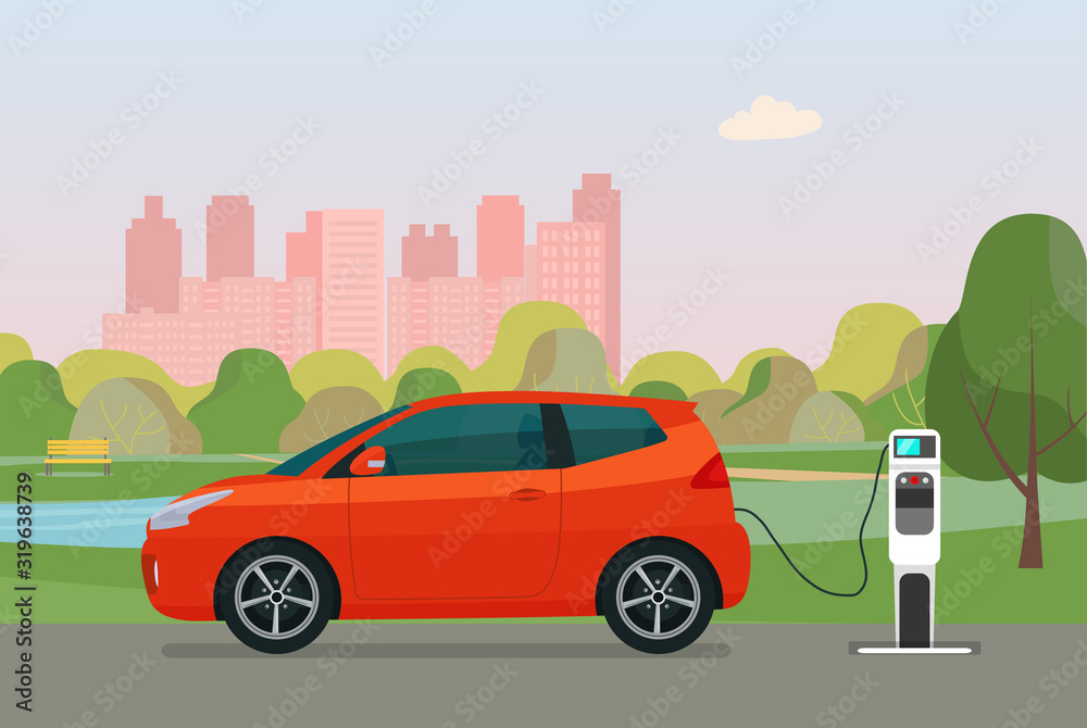 Compact hatchback car on a background of abstract cityscape. Electric car is charging, side view. Vector flat illustration.